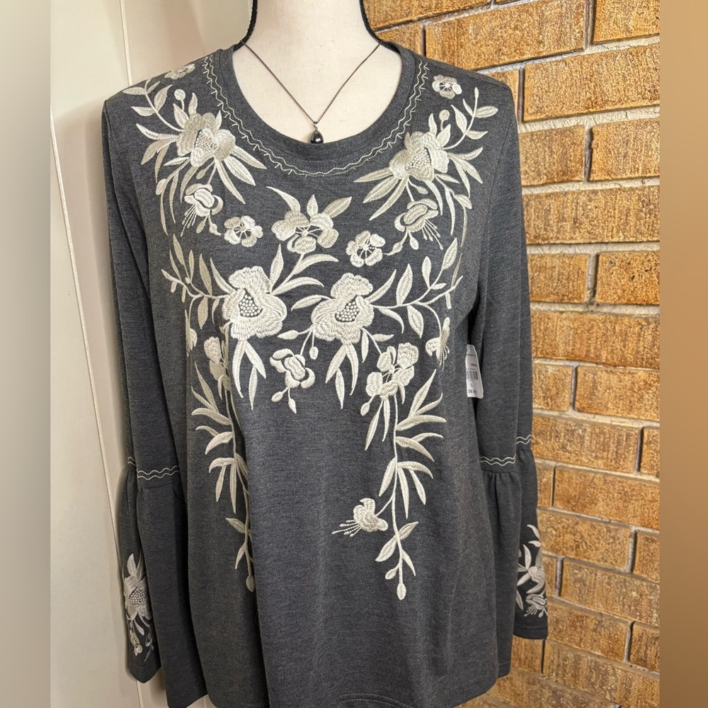 NWT Gray Embroidered Top with Bell Sleeves